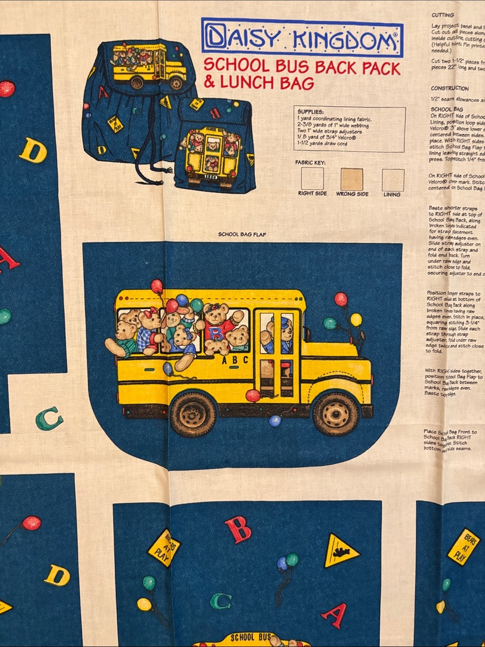 Kids School Bus Backpack & Lunch Bag New Fabric Panel - Ready to Sew.